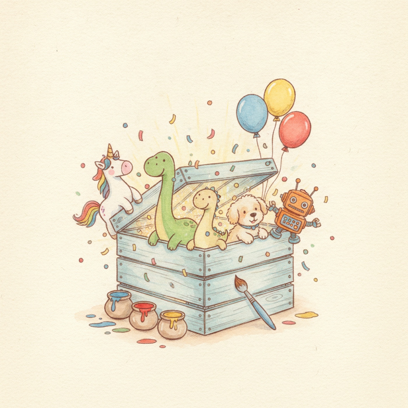Little painted figurines climbing out of a wooden crate, confetti and balloons — something wonderful is coming